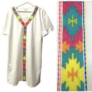 Layerz Shift Dress White Colorful Embroidered Southwestern Oversized S/S Size‎ S